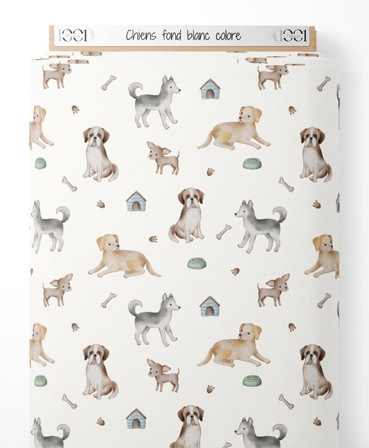 Tissu - Chiens sur fond blanc coloré