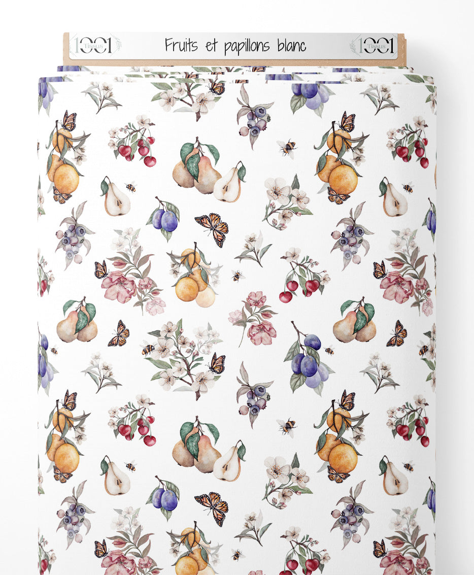 Tissu - Fruits et papillons blanc