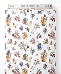 Tissu - Fruits et papillons blanc