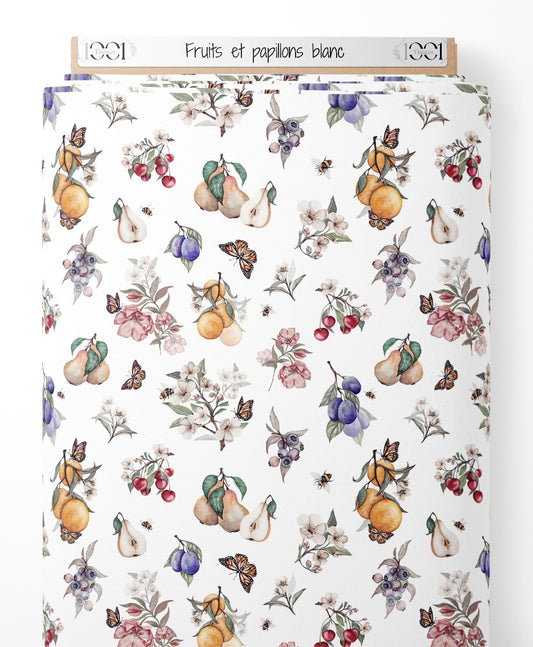 Tissu - Fruits et papillons blanc