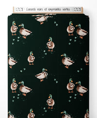 Tissu - Canards noirs et empreintes vertes
