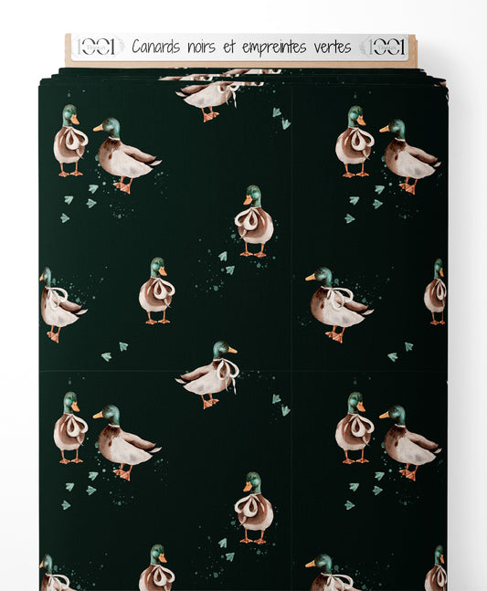 Tissu - Canards noirs et empreintes vertes