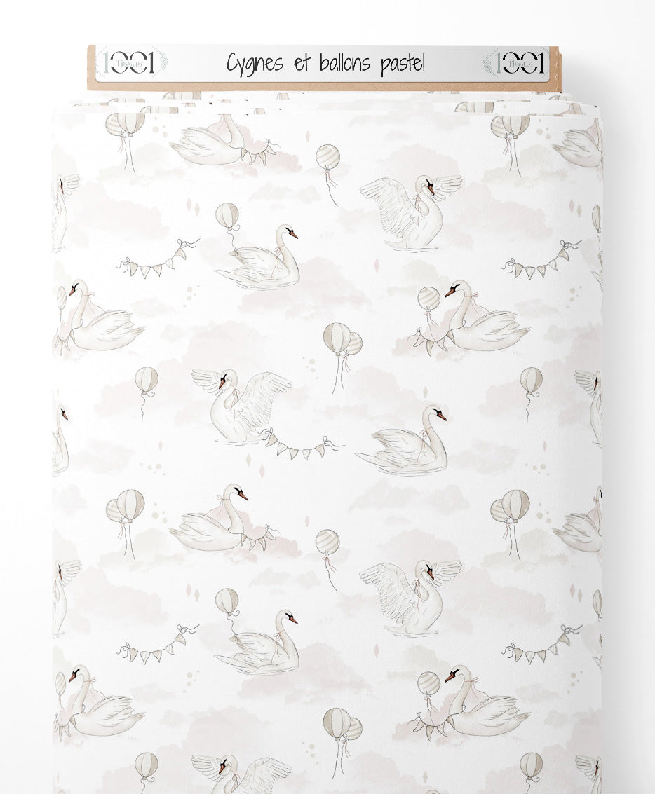 Tissu - Cygnes et ballons pastel