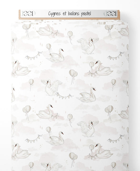 Tissu - Cygnes et ballons pastel