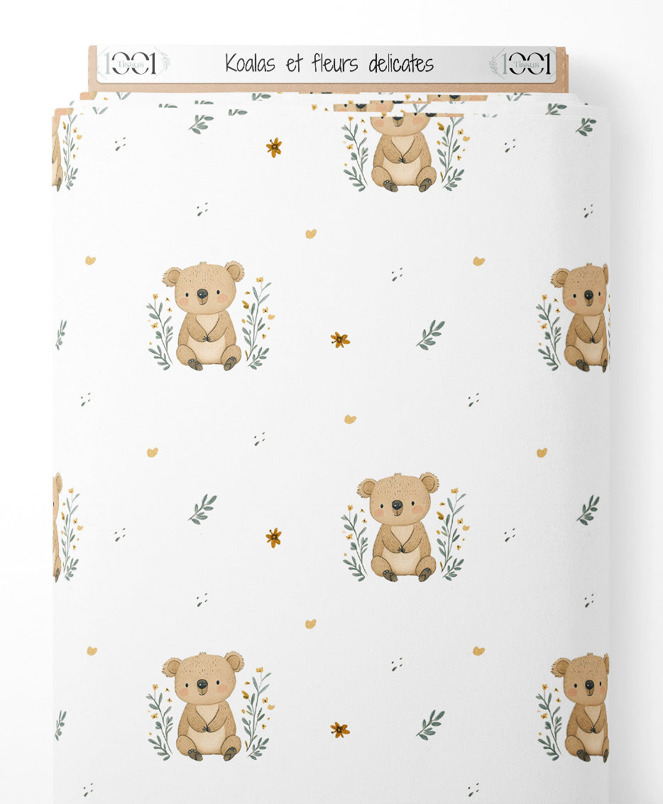 Tissu - Koalas et fleurs délicates