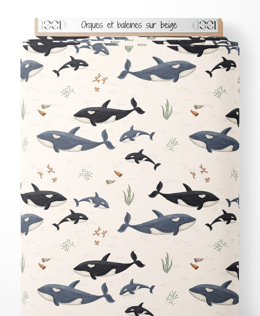 Tissu - Orques et baleines sur beige