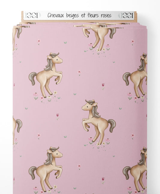 Tissu - Chevaux beiges et fleurs roses