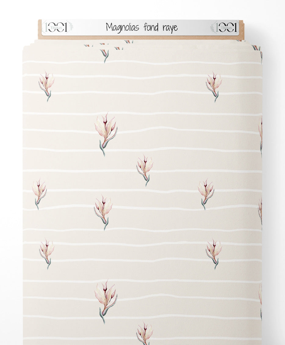 Tissu - Magnolias sur fond rayé