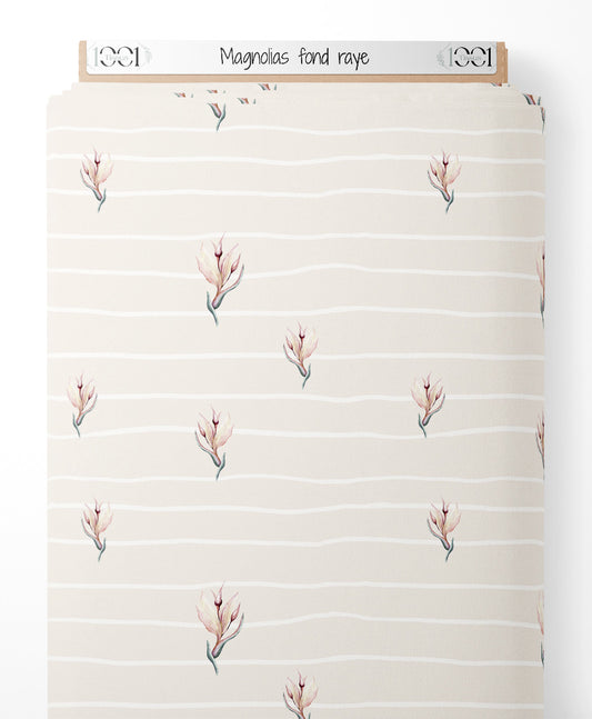 Tissu - Magnolias sur fond rayé