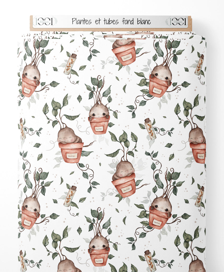 Tissu - Plantes et tubes sur fond blanc