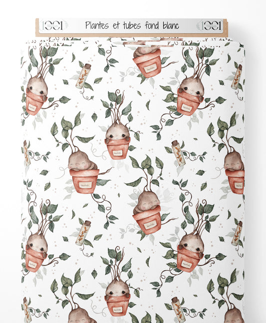 Tissu - Plantes et tubes sur fond blanc