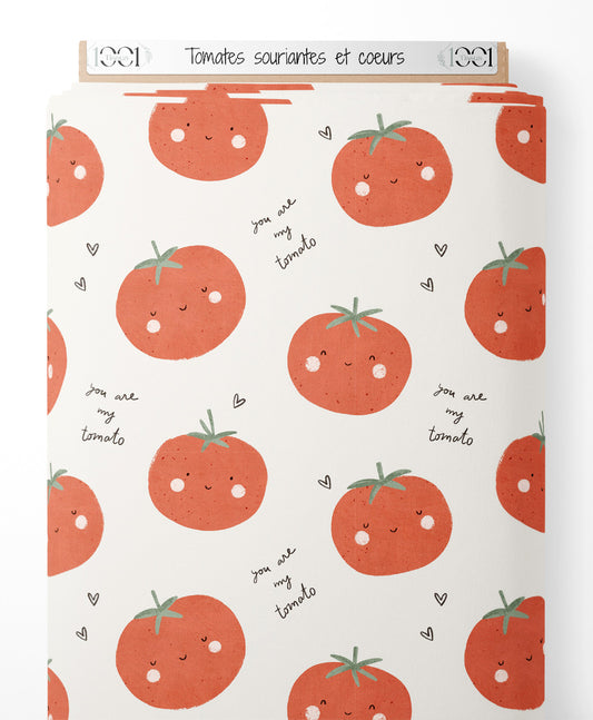 Tissu - Tomates souriantes et cœurs