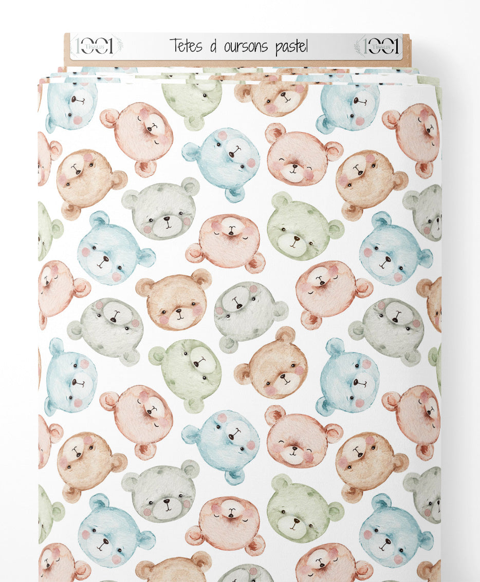 Tissu - Têtes d'oursons pastel