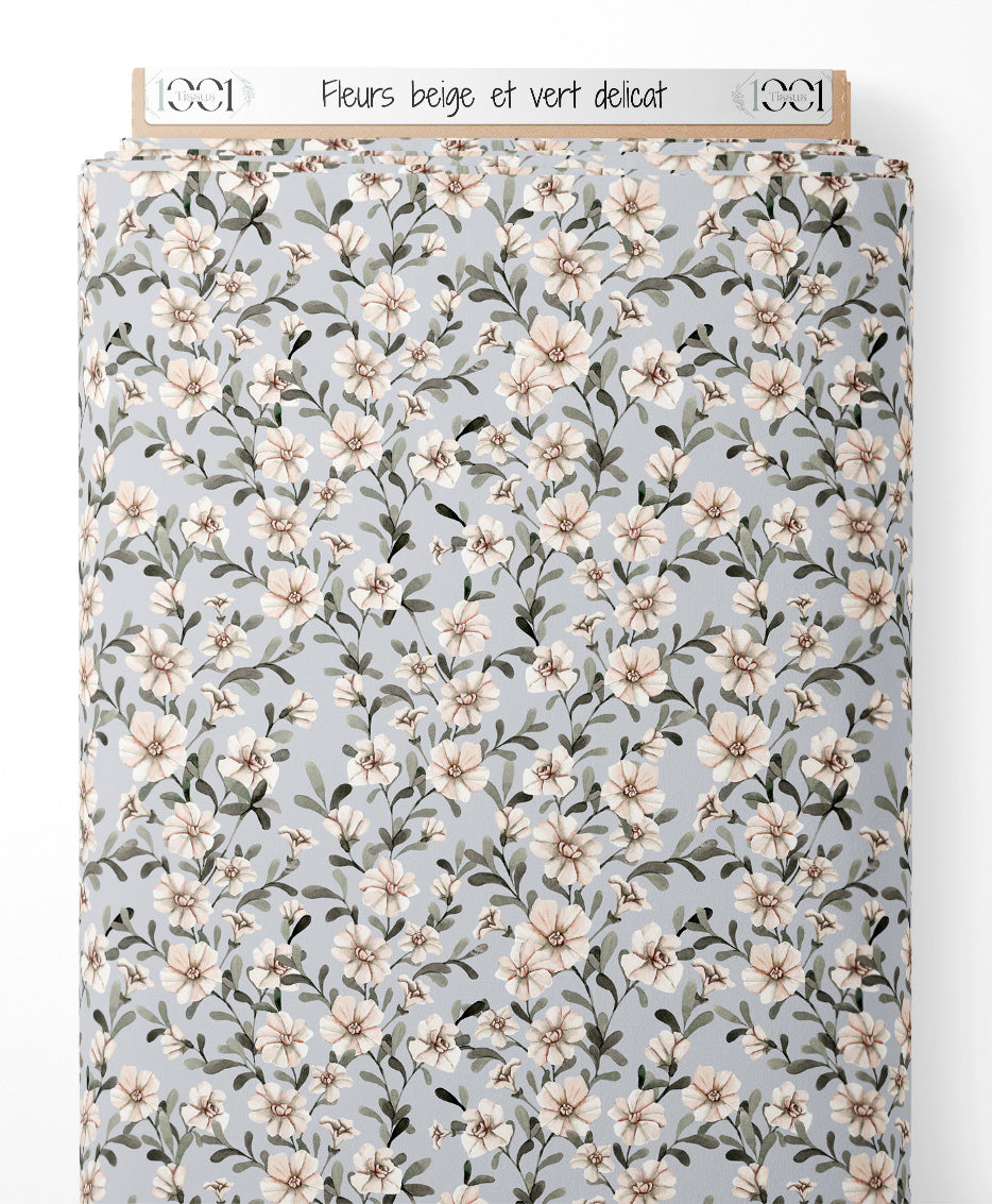 Tissu - Fleurs beige et vert délicat