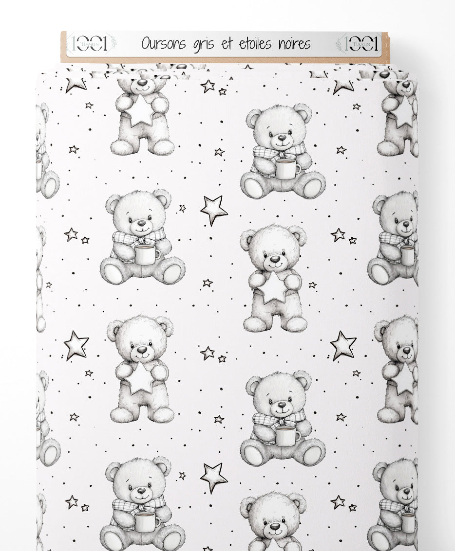 Tissu - Oursons gris et étoiles noires