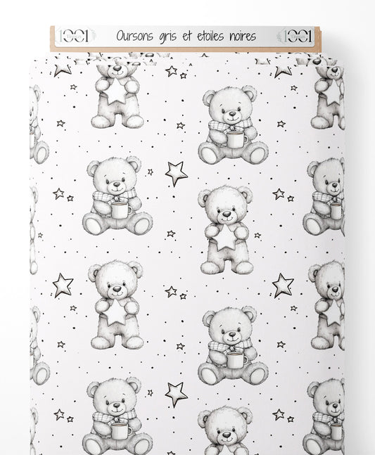Tissu - Oursons gris et étoiles noires