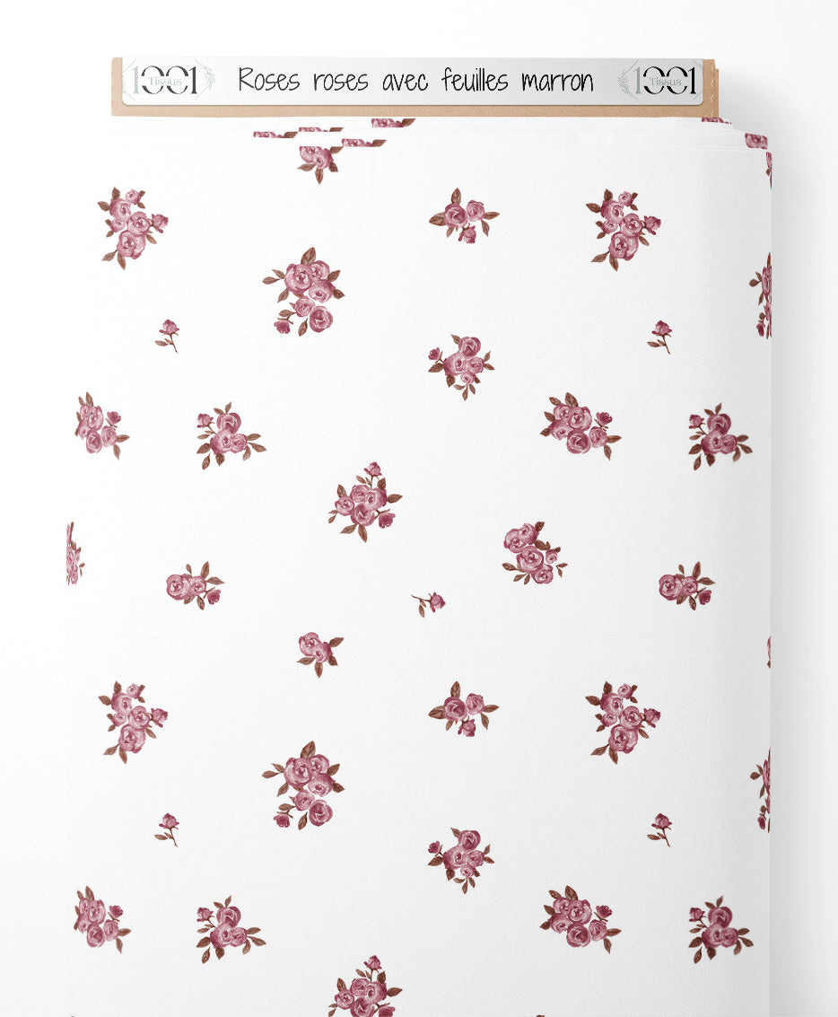 Tissu - Roses roses avec feuilles marron