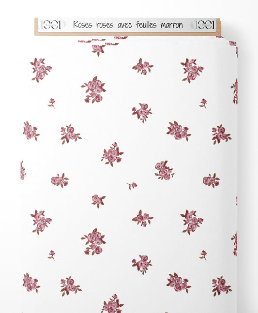 Tissu - Roses roses avec feuilles marron