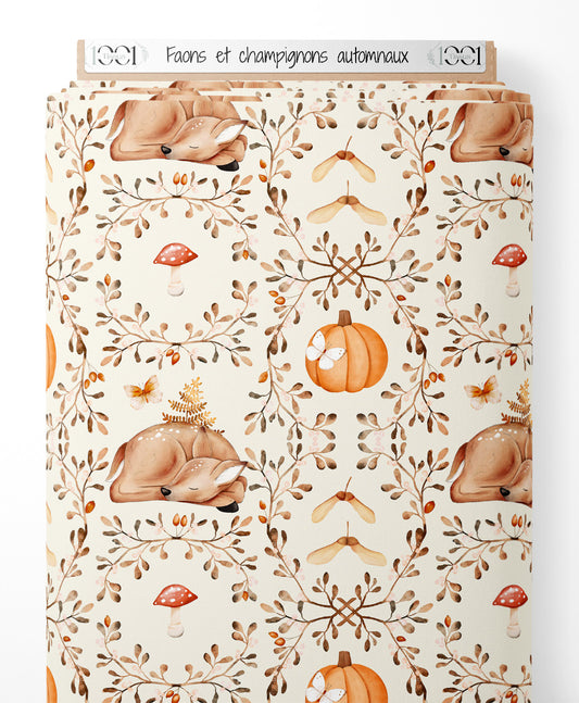 Tissu - Faons et champignons automnaux