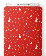 Tissu - Lapins et fleurs rouges