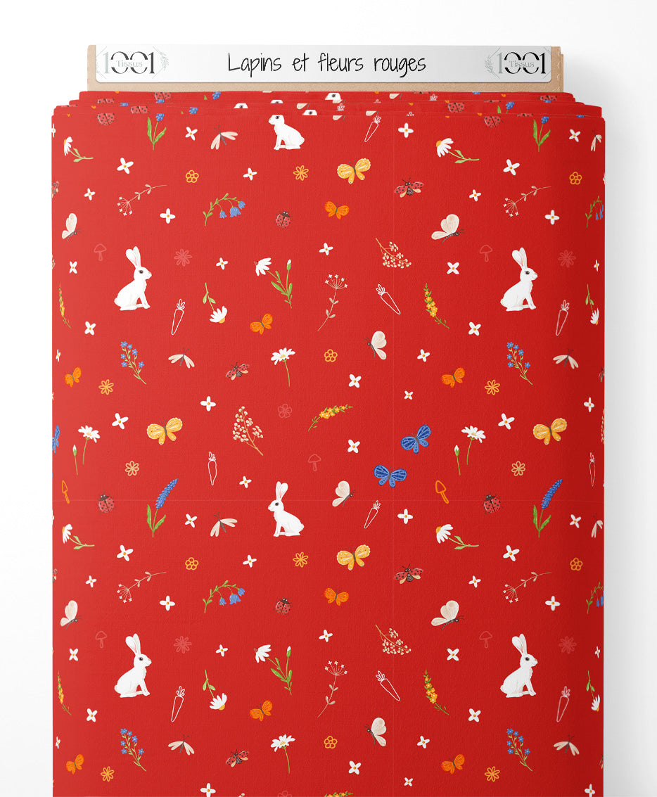 Tissu - Lapins et fleurs rouges
