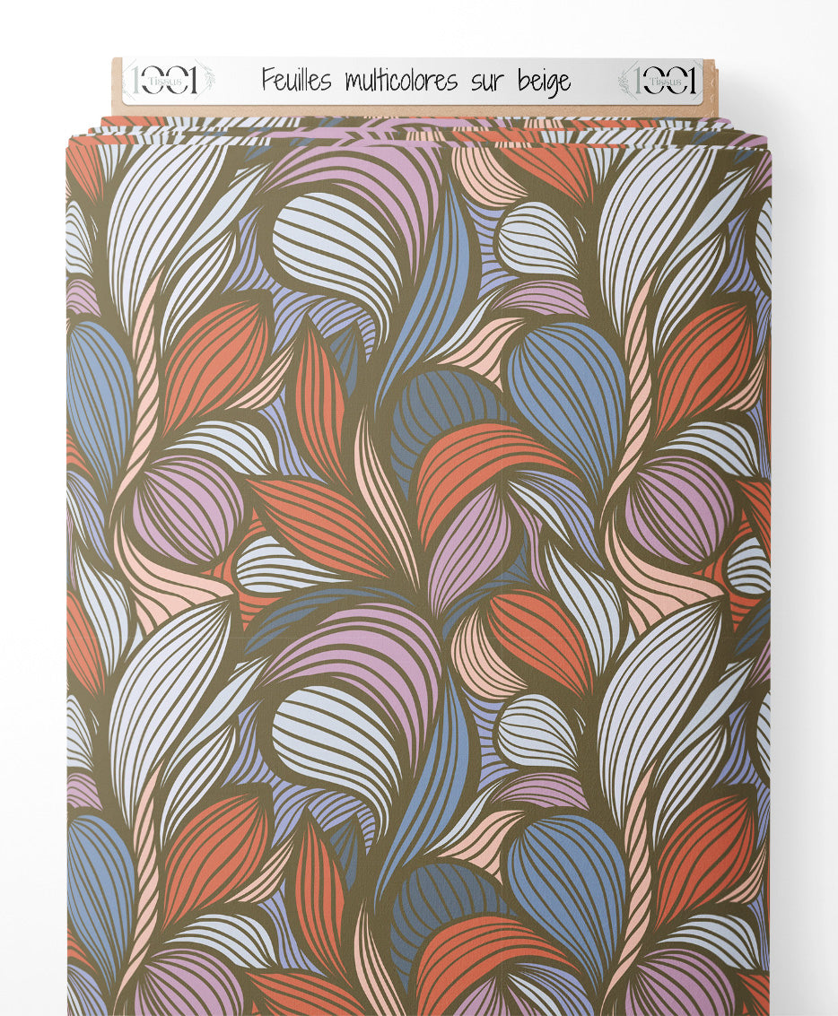 Tissu - Feuilles multicolores sur beige