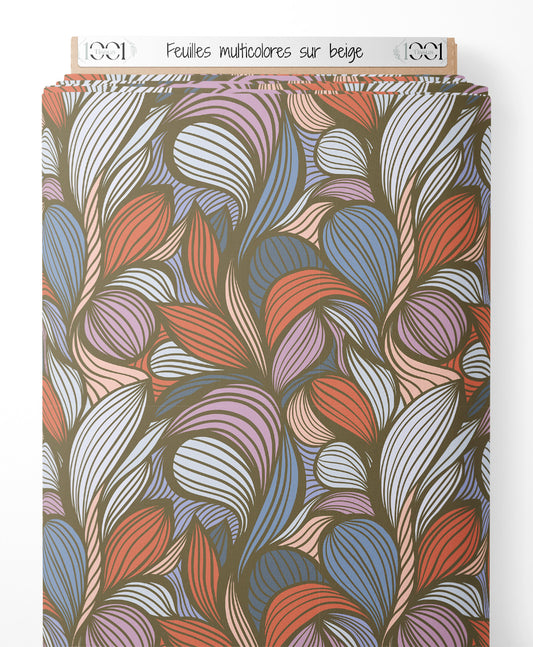 Tissu - Feuilles multicolores sur beige