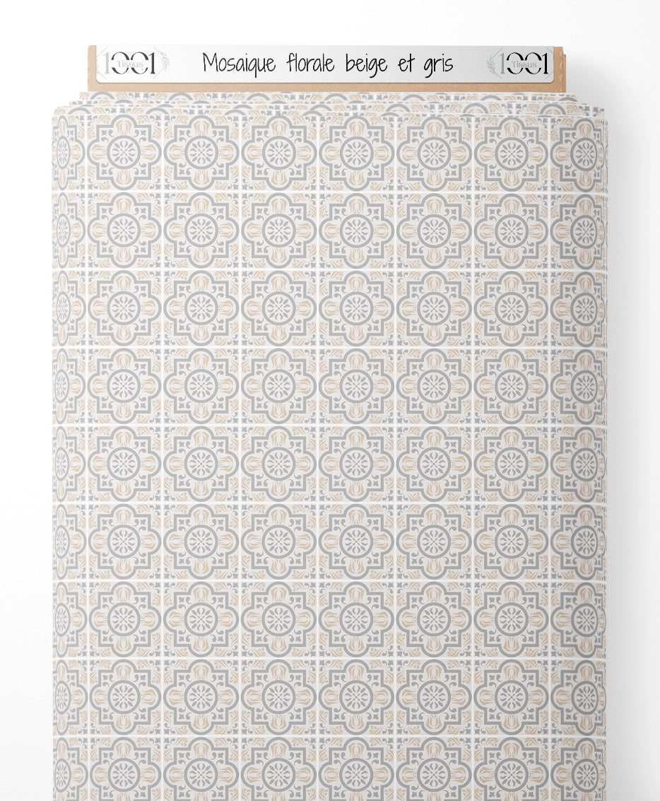 Tissu - Mosaïque florale beige et gris