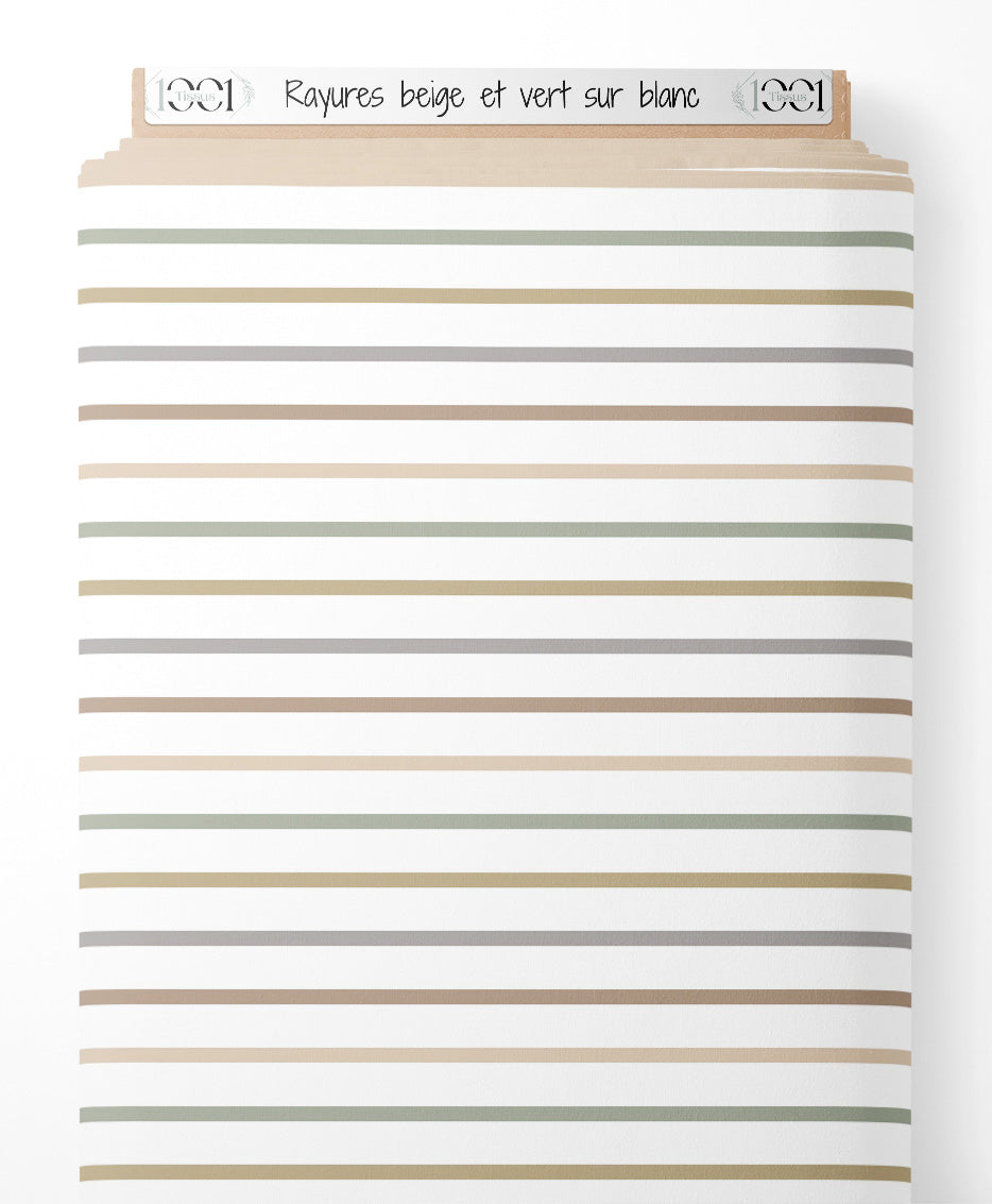 Tissu - Rayures beige et vert sur blanc