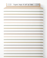 Tissu - Rayures beige et vert sur blanc