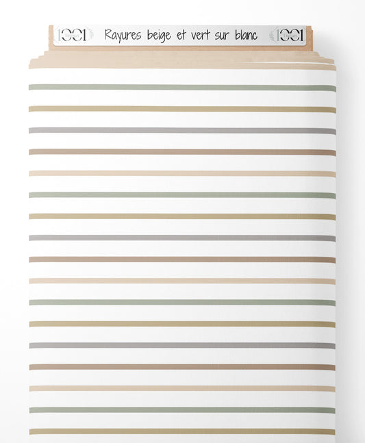 Tissu - Rayures beige et vert sur blanc