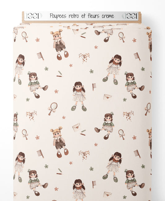 Tissu - Poupées rétro et fleurs crème