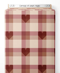 Tissu - Carreaux et cœurs rouges