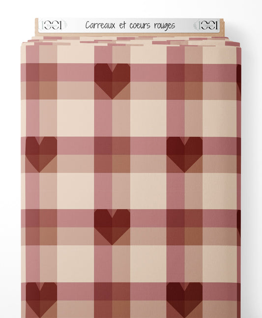 Tissu - Carreaux et cœurs rouges