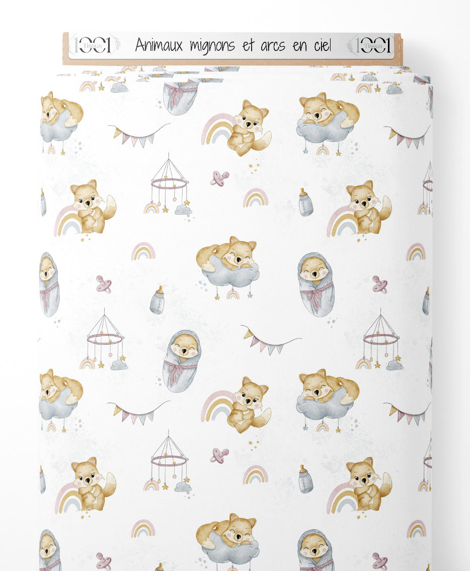 Tissu - Animaux mignons et arcs-en-ciel