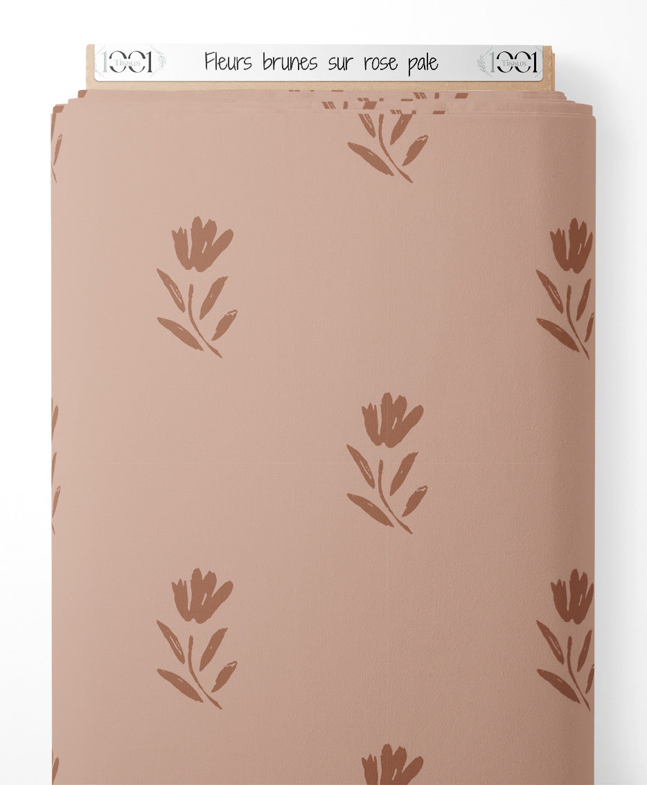 Tissu - Fleurs brunes sur rose pâle