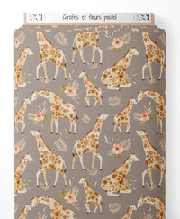 Tissu - Girafes et fleurs pastel