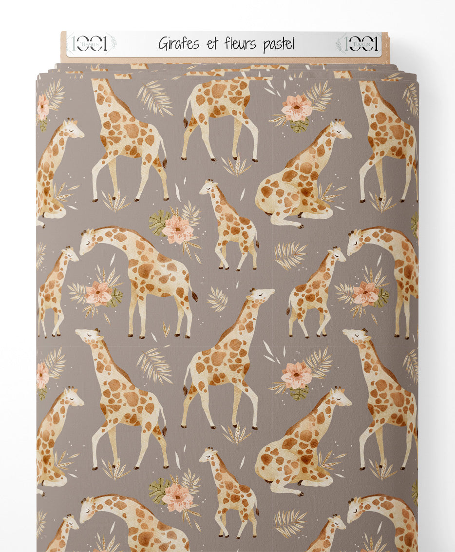 Tissu - Girafes et fleurs pastel