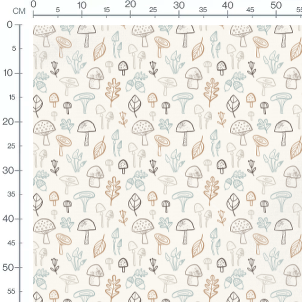 Tissu - Champignons et feuilles dessinés