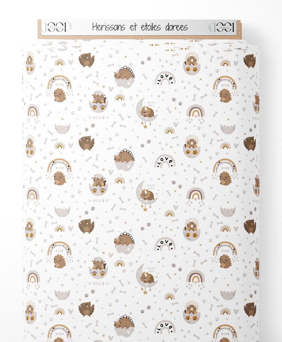 Tissu - Hérissons et étoiles dorées