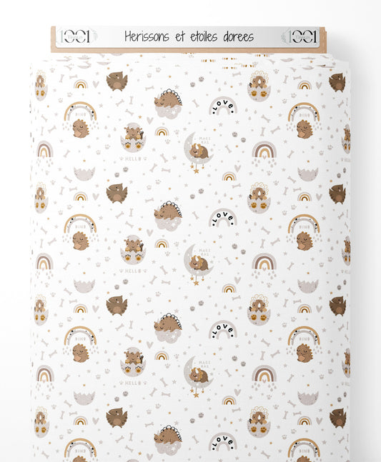 Tissu - Hérissons et étoiles dorées