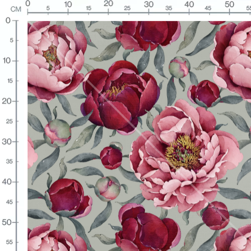 Tissu - Pivoines sur fond gris clair