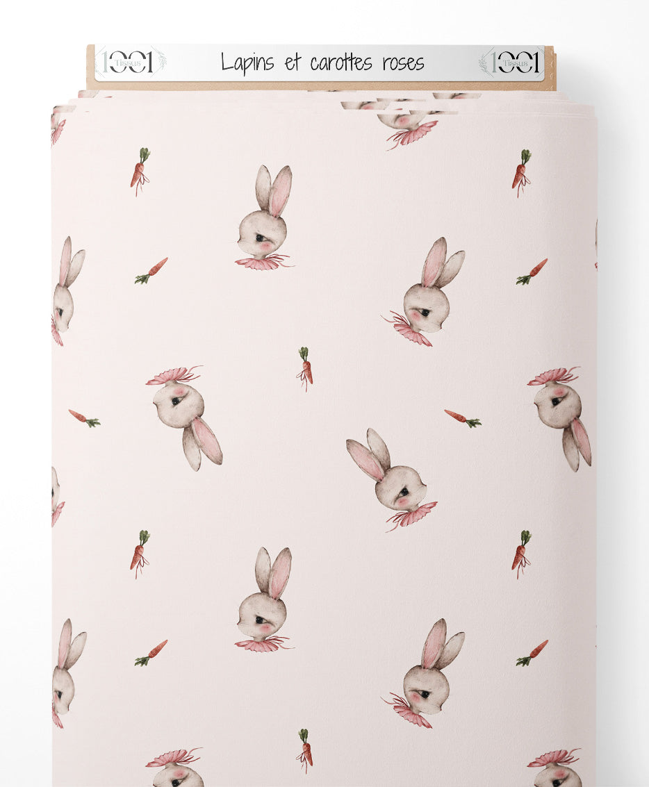 Tissu - Lapins et carottes roses