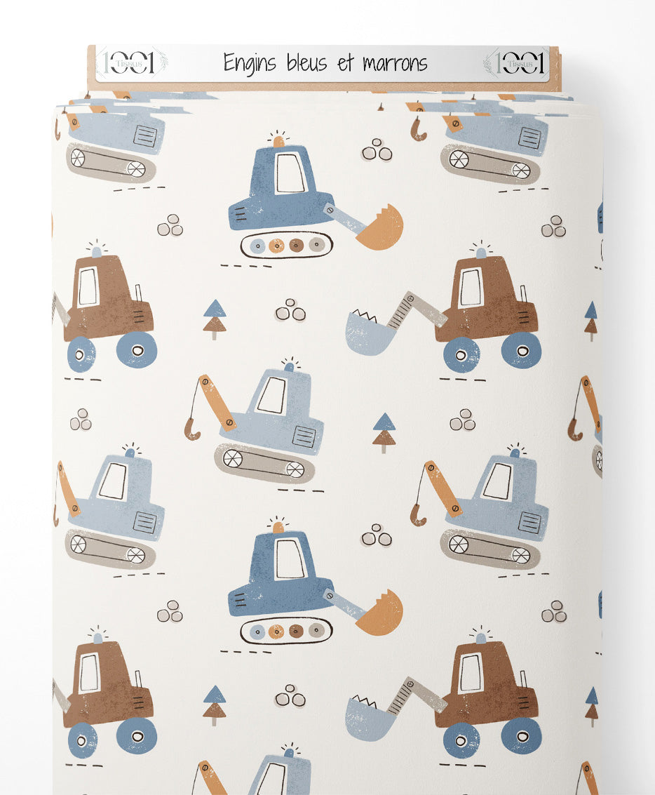 Tissu - Engins bleus et marrons