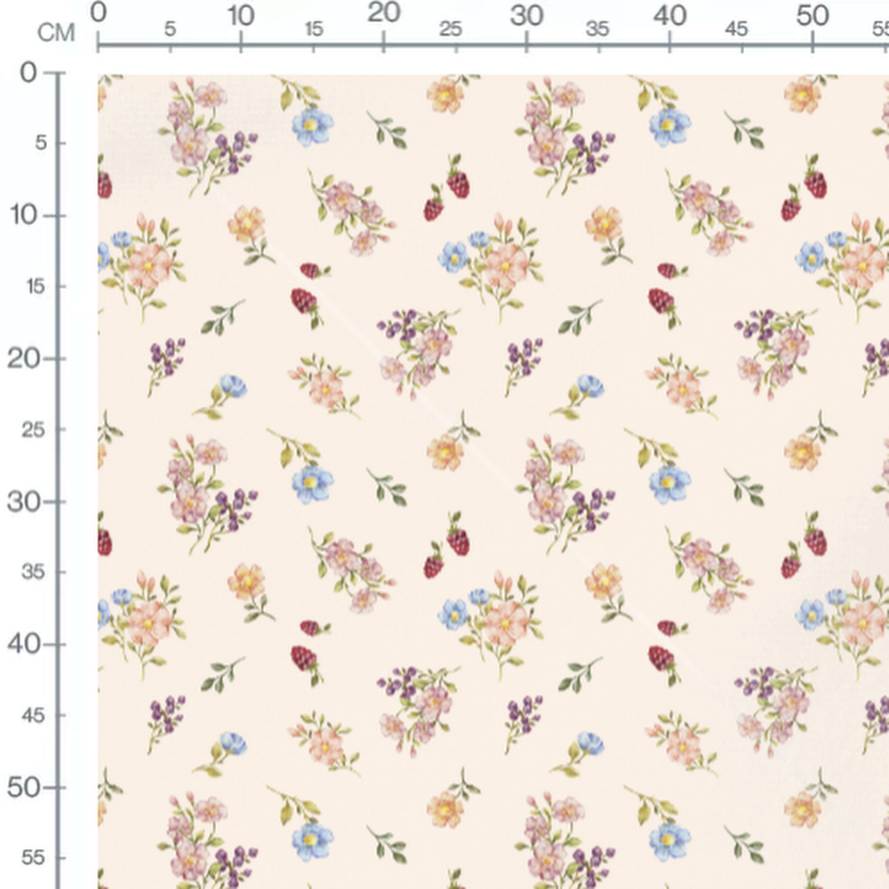Tissu - Fleurs roses et baies crème