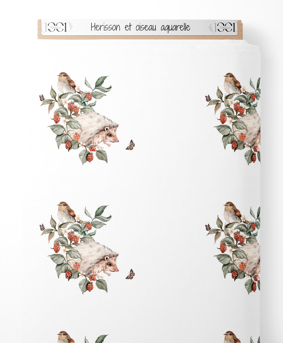 Tissu - Hérisson et oiseau aquarelle