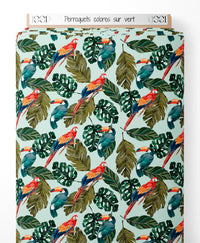 Tissu - Perroquets colorés sur vert