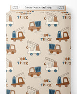 Tissu - Camions marron sur fond beige