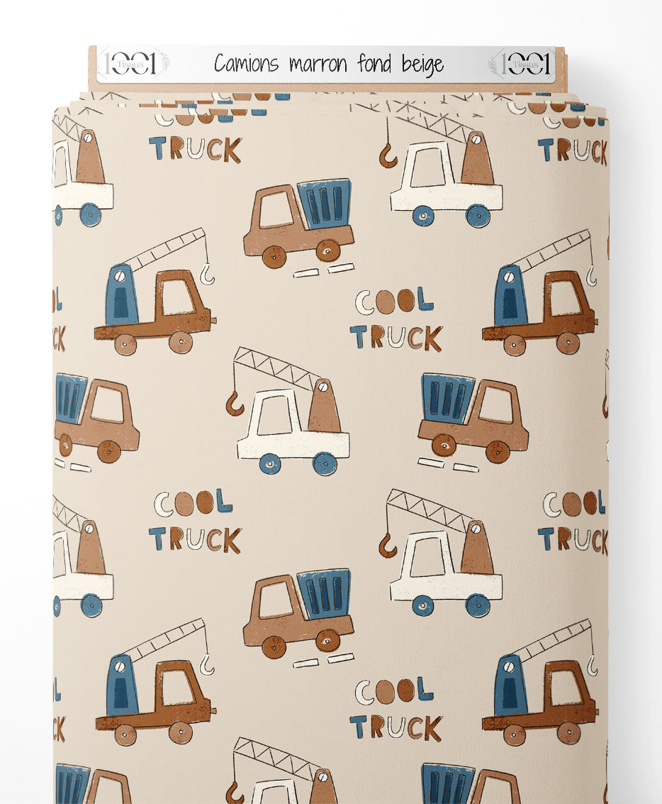 Tissu - Camions marron sur fond beige