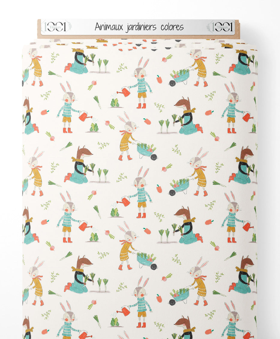 Tissu - Animaux jardiniers colorés